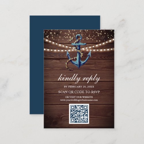 Rustic Wood Navy Blue Anchor QR Code RSVP Wedding Enclosure Card