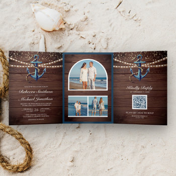 Rustic Wood Navy Blue Anchor Qr Code Wedding Tri-fold Invitation by ShabzDesigns at Zazzle