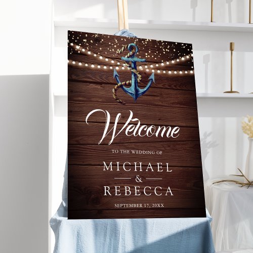 Rustic Wood Navy Blue Anchor Wedding Welcome Foam Board