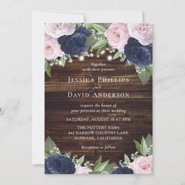 Rustic Wood Navy Blue Blush Pink Floral Wedding Invitation | Zazzle