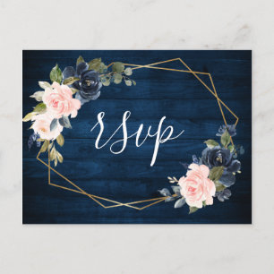 Rustic Wood Navy Blue Blush Pink Geometric RSVP Postcard