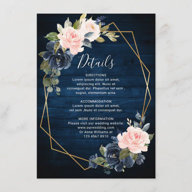 Rustic Wood Navy Blue Blush Pink Geometric Wedding Enclosure Card | Zazzle
