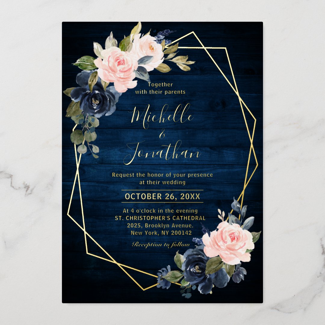 Rustic Wood Navy Blue Blush Pink Geometric Wedding Foil Invitation Zazzle