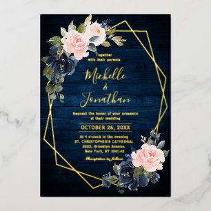 Rustic Wood Navy Blue Blush Pink Geometric Wedding Foil Invitation