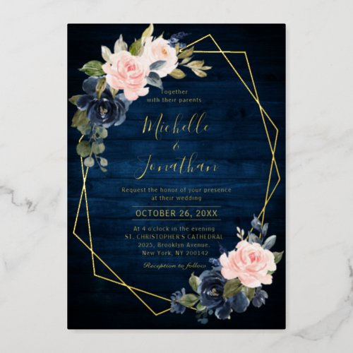 Rustic Wood Navy Blue Blush Pink Geometric Wedding Foil Invitation