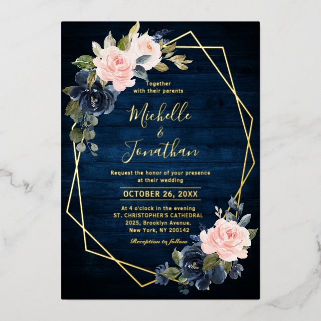 Rustic Wood Navy Blue Blush Pink Geometric Wedding Foil Invitation (Front)