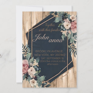 Rustic Wood Navy Blue Blush Pink Geometric Wedding Invitation