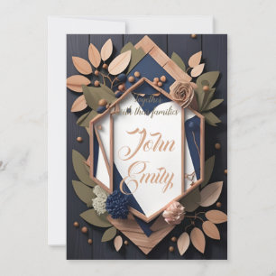Rustic Wood Navy Blue Blush Pink Geometric Wedding Invitation