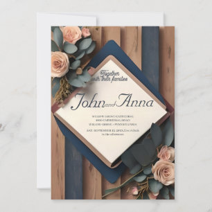 Rustic Wood Navy Blue Blush Pink Geometric Wedding Invitation