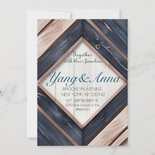 Rustic Wood Navy Blue Blush Pink Geometric Wedding Invitation