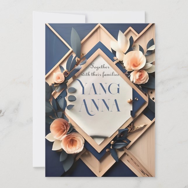 Rustic Wood Navy Blue Blush Pink Geometric Wedding Invitation (Front)