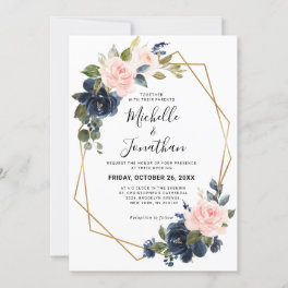 Rustic Wood Navy Blue Blush Pink Geometric Wedding Invitation