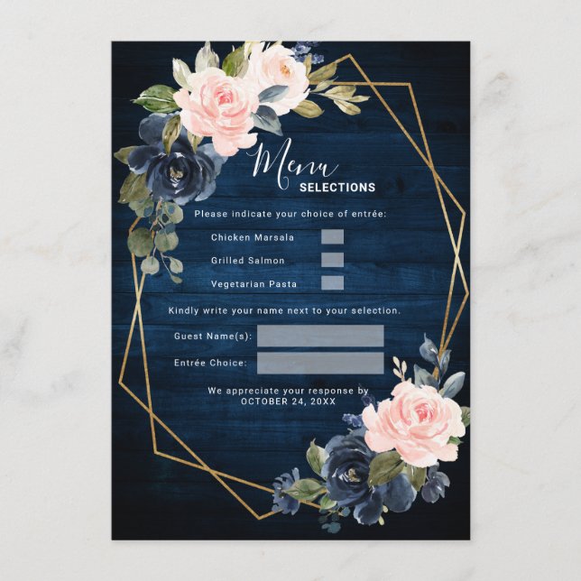 Rustic Wood Navy Blue Blush Pink Geometric Wedding Menu (Front)