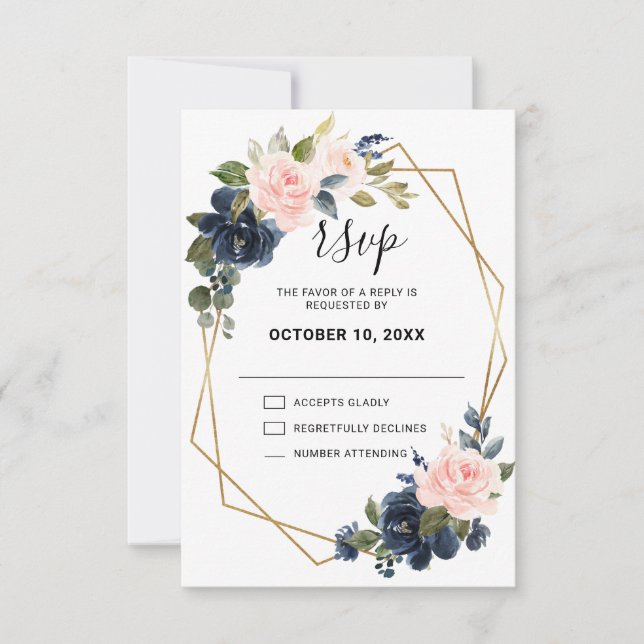 Rustic Wood Navy Blue Blush Pink Geometric Wedding RSVP Card (Front)