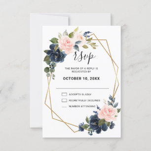 Rustic Wood Navy Blue Blush Pink Geometric Wedding RSVP Card