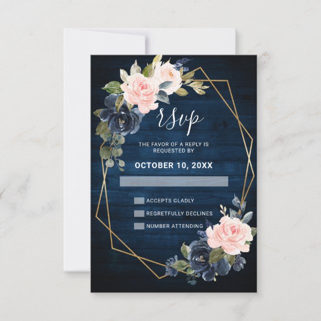 Rustic Wood Navy Blue Blush Pink Geometric Wedding RSVP Card (Front)