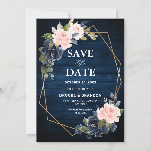 Rustic Wood Navy Blue Blush Pink Geometric Wedding Save The Date