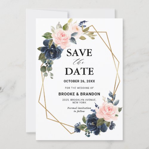 Rustic Wood Navy Blue Blush Pink Geometric Wedding Save The Date