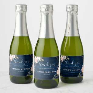 Rustic Wood Navy Blue Blush Pink Geometric Wedding Sparkling Wine Label