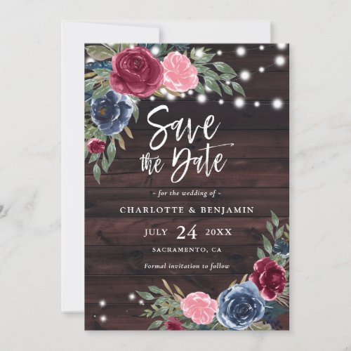 Rustic Wood Navy Blue Burgundy Floral Wedding Save The Date