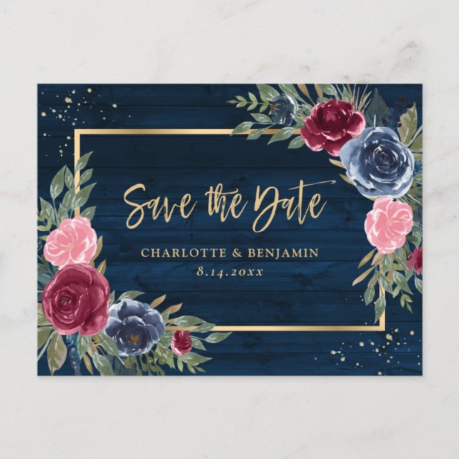 Rustic Wood Navy Blue Burgundy Gold Save The Date Announcement Postcard (Front)