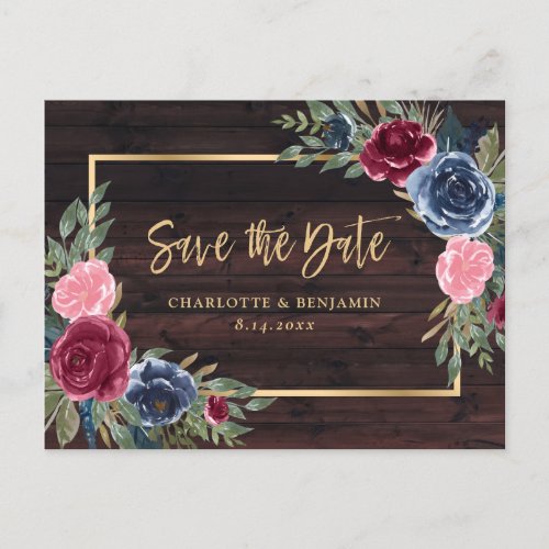 Rustic Wood Navy Blue Burgundy Gold Save The Date  Announcement Postcard