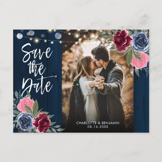 Rustic Wood Navy Blue Burgundy Photo Save The Date Postcard (Front)