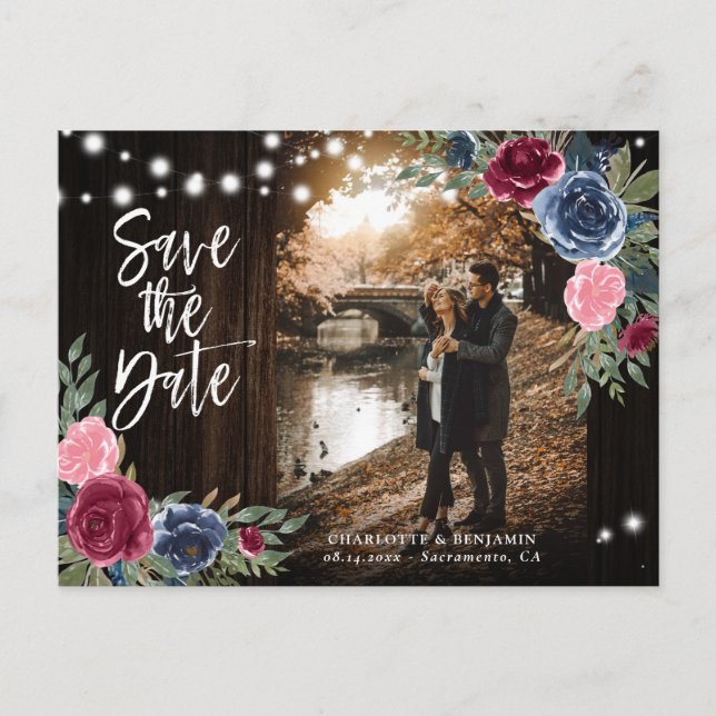 Rustic Wood Navy Blue Burgundy Save The Date Photo Postcard (Front)