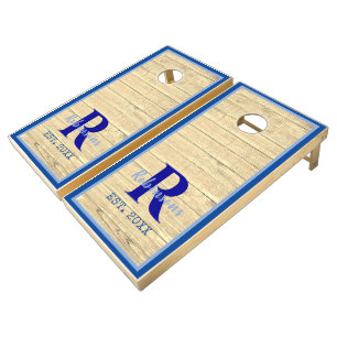 Rustic Wood Navy Blue Details Family Monogram Cornhole Set