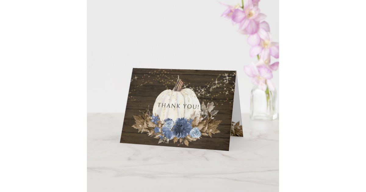 Rustic Wood Navy Blue Floral Fall Pumpkin Thanks Card | Zazzle