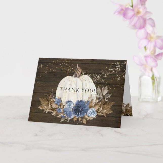 Rustic Wood Navy Blue Floral Fall Pumpkin Thanks Card (Orchid)