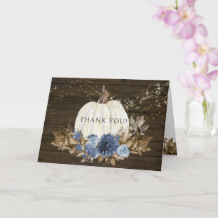 Rustic Wood Navy Blue Floral Fall Pumpkin Thanks Card