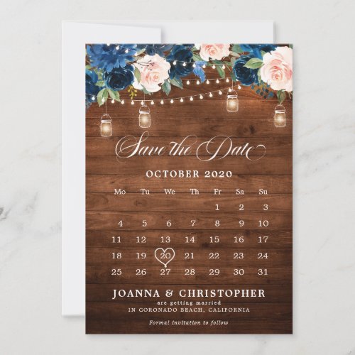 Rustic Wood Navy Blue Floral Mason Jar Calendar  Save The Date