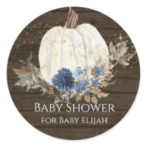 Rustic Wood Navy Blue Floral Pumpkin Baby Shower Classic Round Sticker