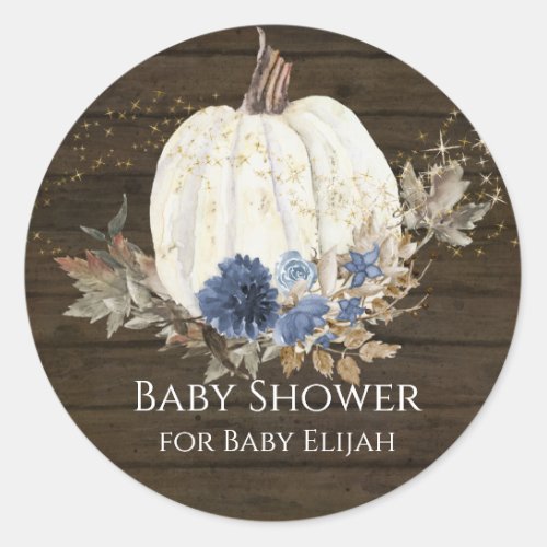 Rustic Wood Navy Blue Floral Pumpkin Baby Shower Classic Round Sticker