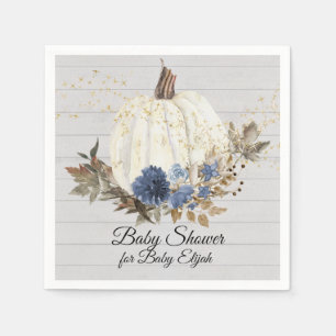 Rustic Wood Navy Blue Floral Pumpkin Baby Shower Napkins