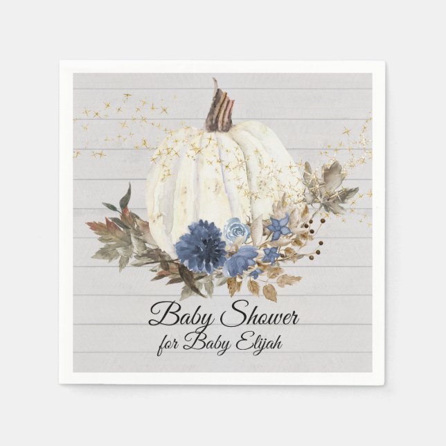 Rustic Wood Navy Blue Floral Pumpkin Baby Shower Napkins (Front)