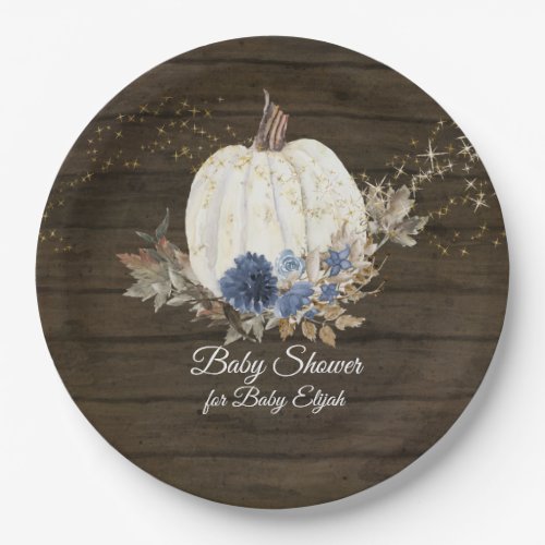 Rustic Wood Navy Blue Floral Pumpkin Baby Shower Paper Plates