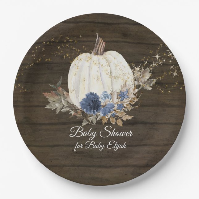 Rustic Wood Navy Blue Floral Pumpkin Baby Shower Paper Plates (Front)