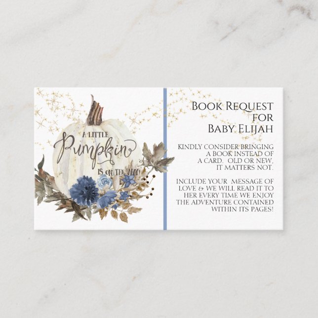 Rustic Wood Navy Blue Floral Pumpkin Book Request Business Card (Front)