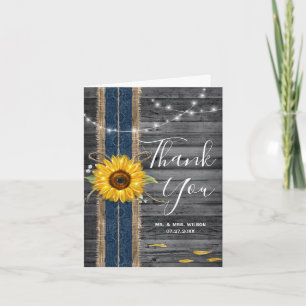 Rustic Wood Navy Blue Lace Photo Sunflower Wedding Letterpress Thank You Card