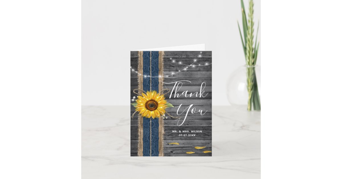 Rustic Wood Navy Blue Lace Photo Sunflower Wedding Thank You Card | Zazzle