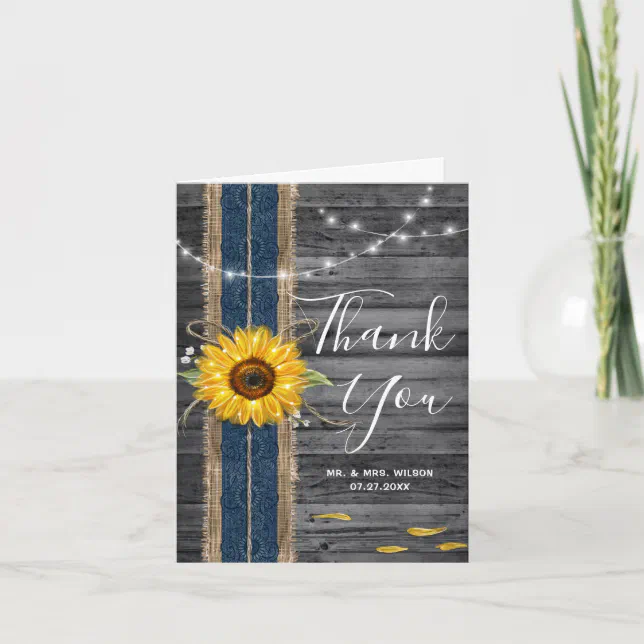 Rustic Wood Navy Blue Lace Photo Sunflower Wedding Thank You Card | Zazzle