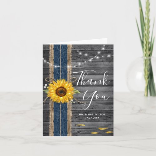Rustic Wood Navy Blue Lace Photo Sunflower Wedding Thank You Card