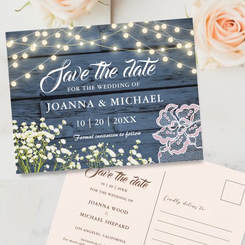 Rustic Wood Navy Blue String Lights Save the Date Postcard