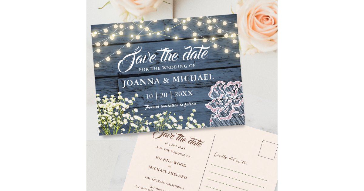 Rustic Wood Navy Blue String Lights Save the Date Postcard | Zazzle