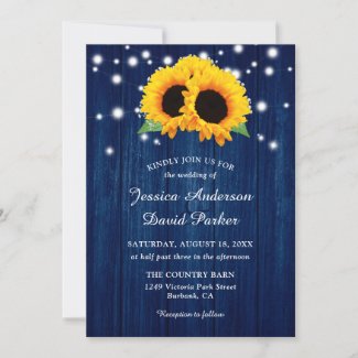 Rustic Wood Navy Blue Sunflower Wedding Invitation