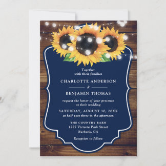 Rustic Wood Navy Blue Sunflower Wedding Invitation