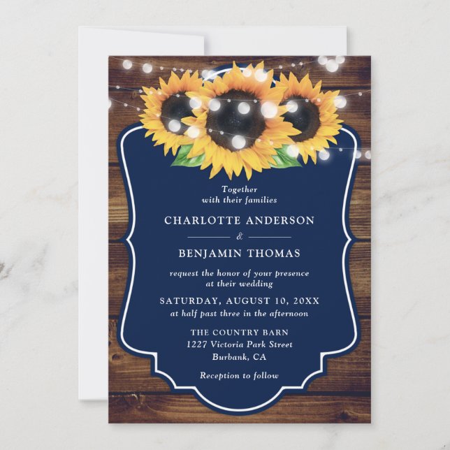 Rustic Wood Navy Blue Sunflower Wedding Invitation (Front)