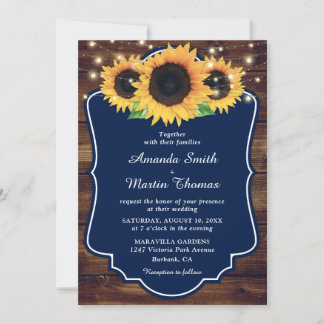 Rustic Wood Navy Blue Sunflower Wedding Invitation
